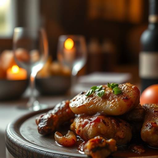 Coq au Vin: Chicken braised in red wine with mushrooms and lardons.