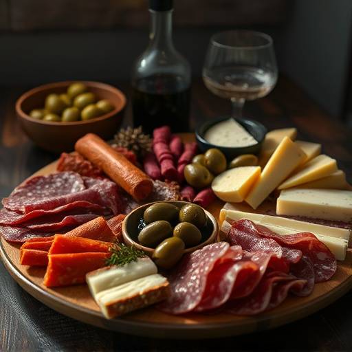 Planche de Charcuterie: Selection of cured meats, cheeses, and olives.