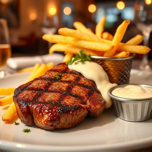 Steak Frites: Grilled ribeye steak served with crispy french fries and béarnaise sauce.