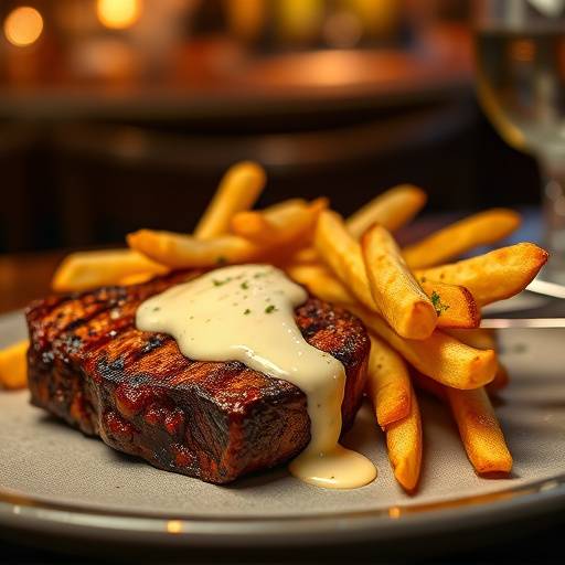 Steak Frites: Grilled ribeye steak served with crispy french fries and béarnaise sauce.