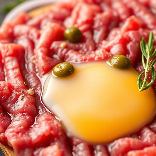 Steak Tartare: Finely chopped raw beef seasoned with capers, onions, and egg yolk.